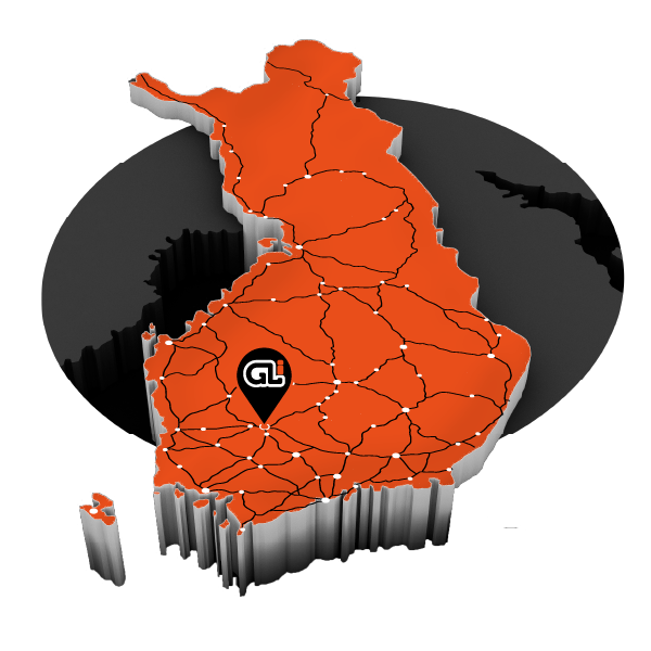 Oranssi kolmiulotteinen kartta suomesta jonka päällä kohdemerkittynä GLi toimipiste pirkanmaalla